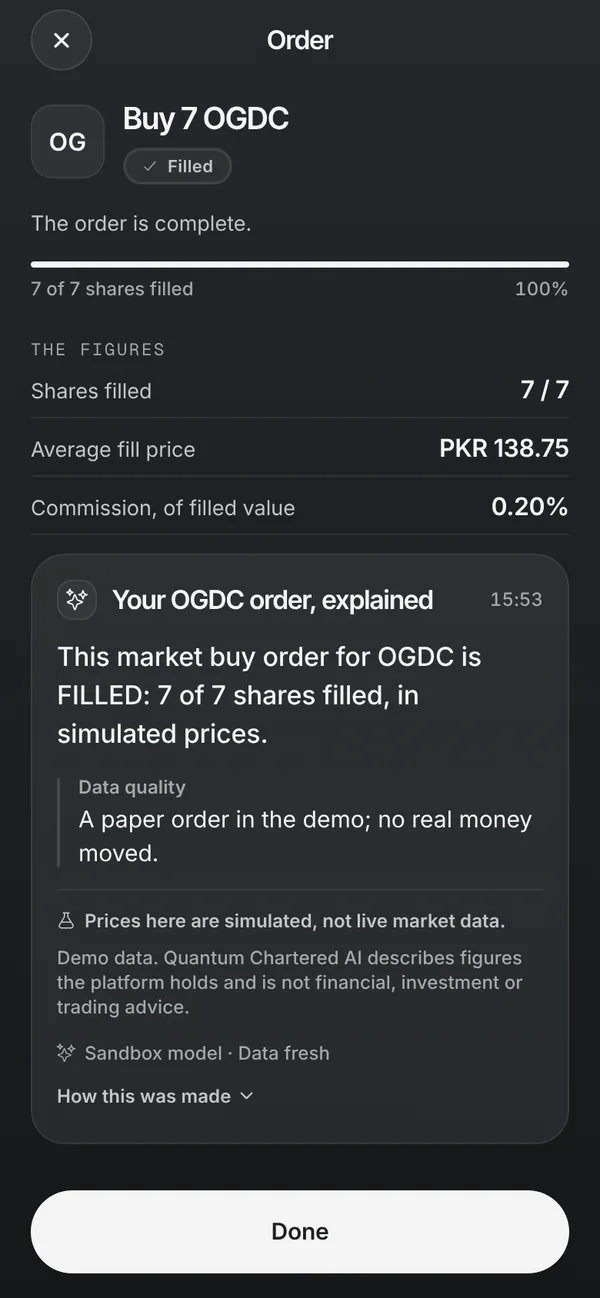 A filled order with the AI's explanation, marked as describing simulated prices and not advice.