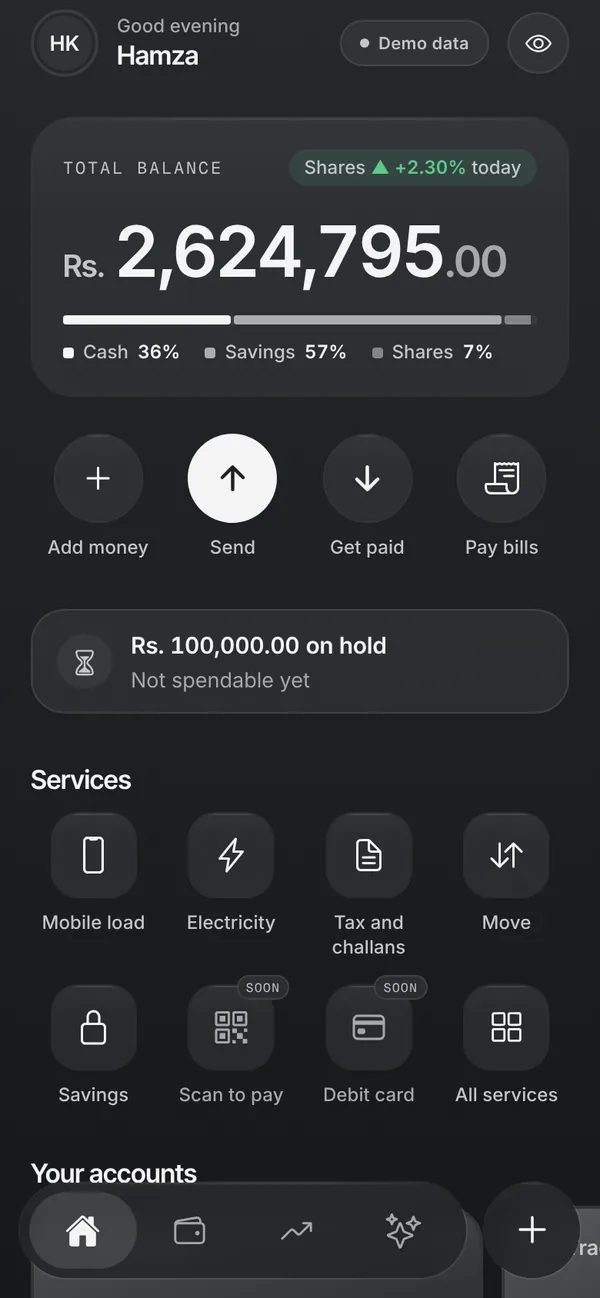 The home screen with demo data: a total balance split into cash, savings and shares, quick actions and services.